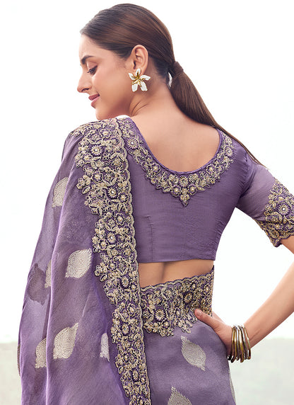 Silk Lavender Wedding Wear Embroidery Work Saree 386792