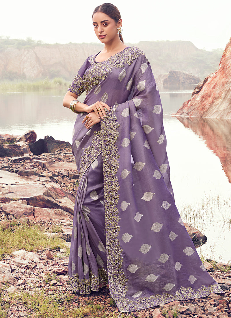 Silk Lavender Wedding Wear Embroidery Work Saree 386792