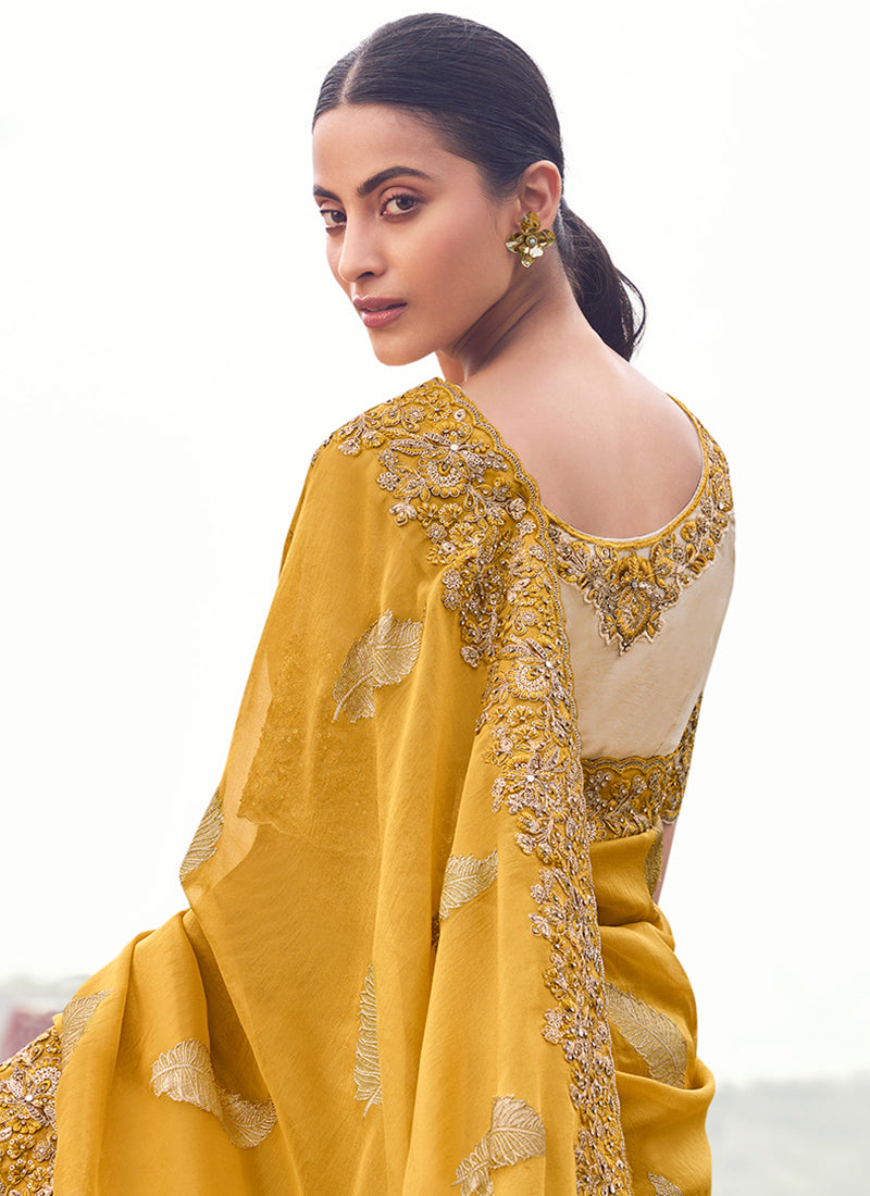 Silk Yellow Wedding Wear Embroidery Work Saree 386793