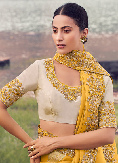 Silk Yellow Wedding Wear Embroidery Work Saree 386793