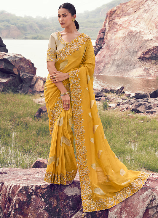 Silk Yellow Wedding Wear Embroidery Work Saree 386793