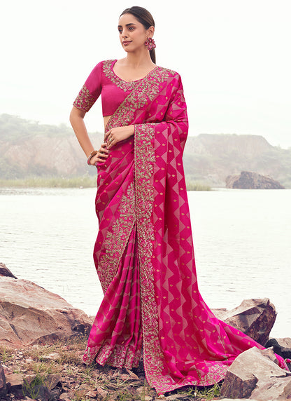 Silk Pink Wedding Wear Embroidery Work Saree 386794