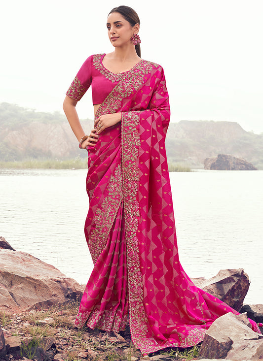 Silk Pink Wedding Wear Embroidery Work Saree 386794