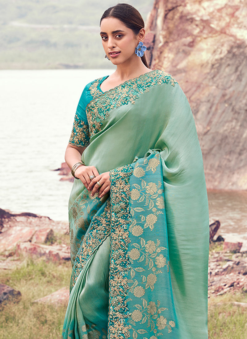 Silk Green Wedding Wear Embroidery Work Saree 386795