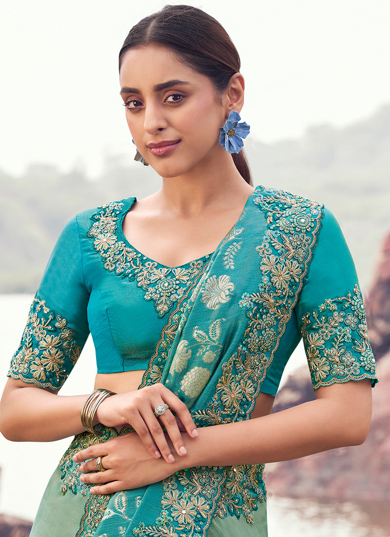 Silk Green Wedding Wear Embroidery Work Saree 386795