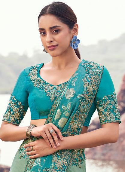 Silk Green Wedding Wear Embroidery Work Saree 386795