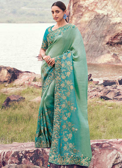 Silk Green Wedding Wear Embroidery Work Saree 386795