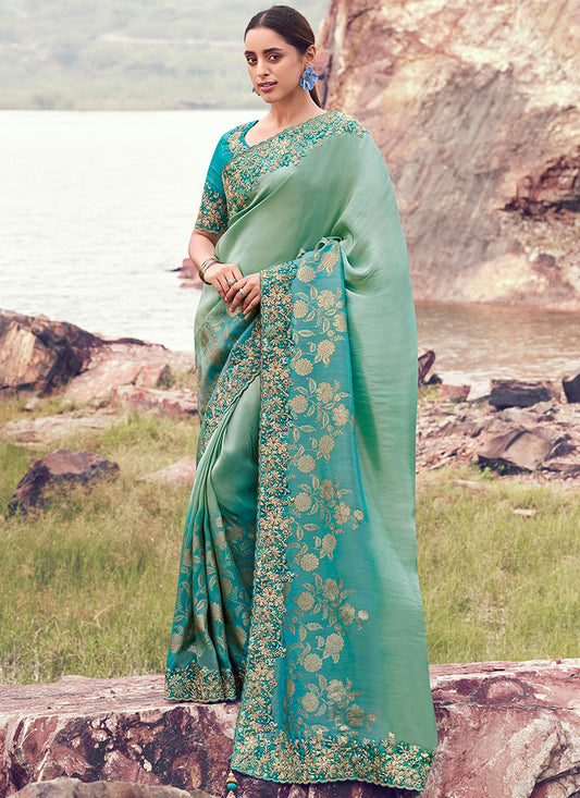 Silk Green Wedding Wear Embroidery Work Saree 386795