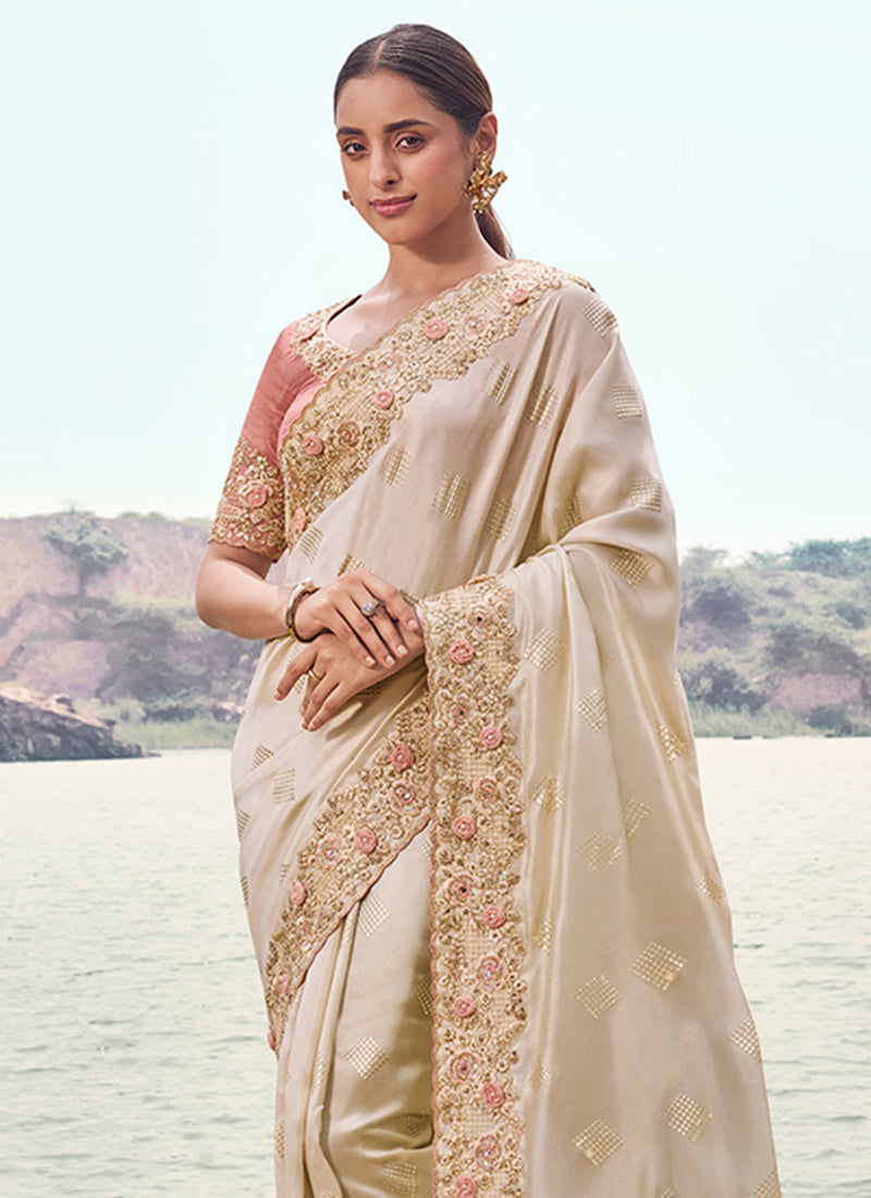 Silk Cream Wedding Wear Embroidery Work Saree 386796