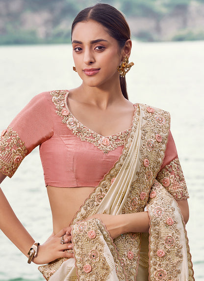 Silk Cream Wedding Wear Embroidery Work Saree 386796