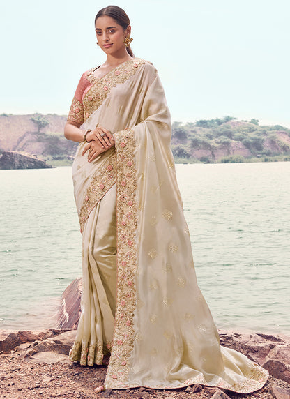 Silk Cream Wedding Wear Embroidery Work Saree 386796