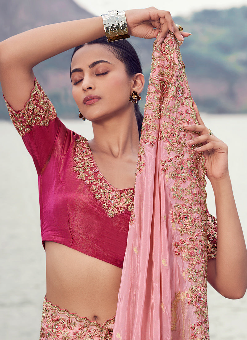 Silk Light Pink Wedding Wear Embroidery Work Saree 386797