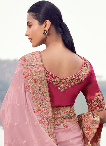 Silk Light Pink Wedding Wear Embroidery Work Saree 386797