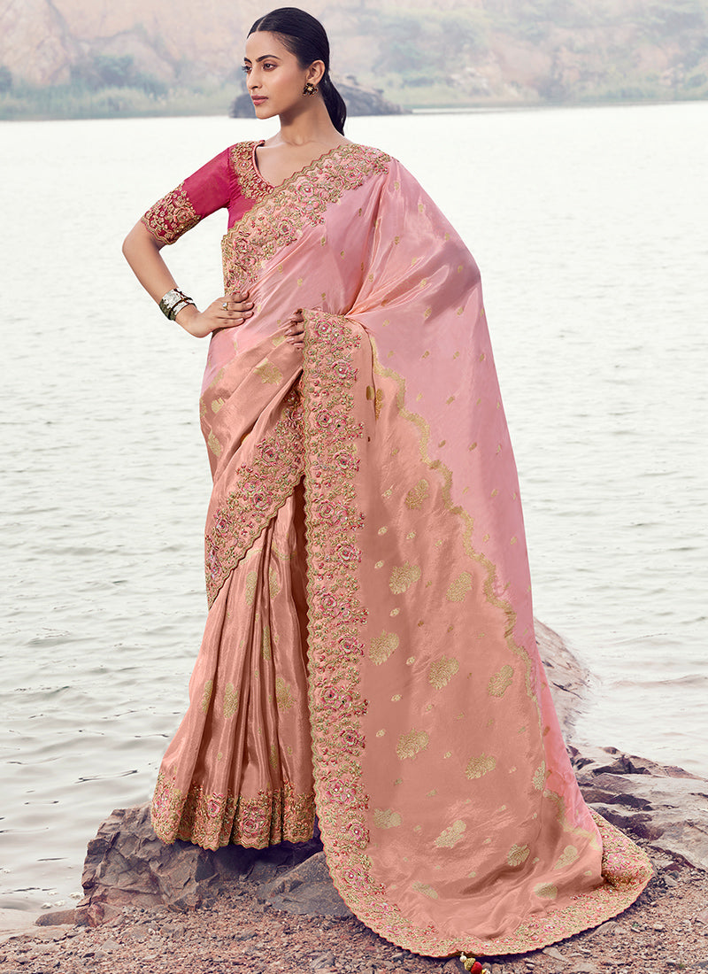 Silk Light Pink Wedding Wear Embroidery Work Saree 386797