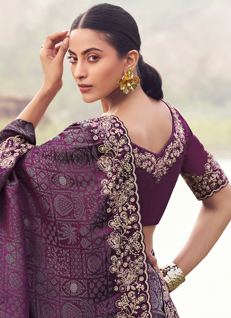 Silk Magenta Wedding Wear Embroidery Work Saree 386798