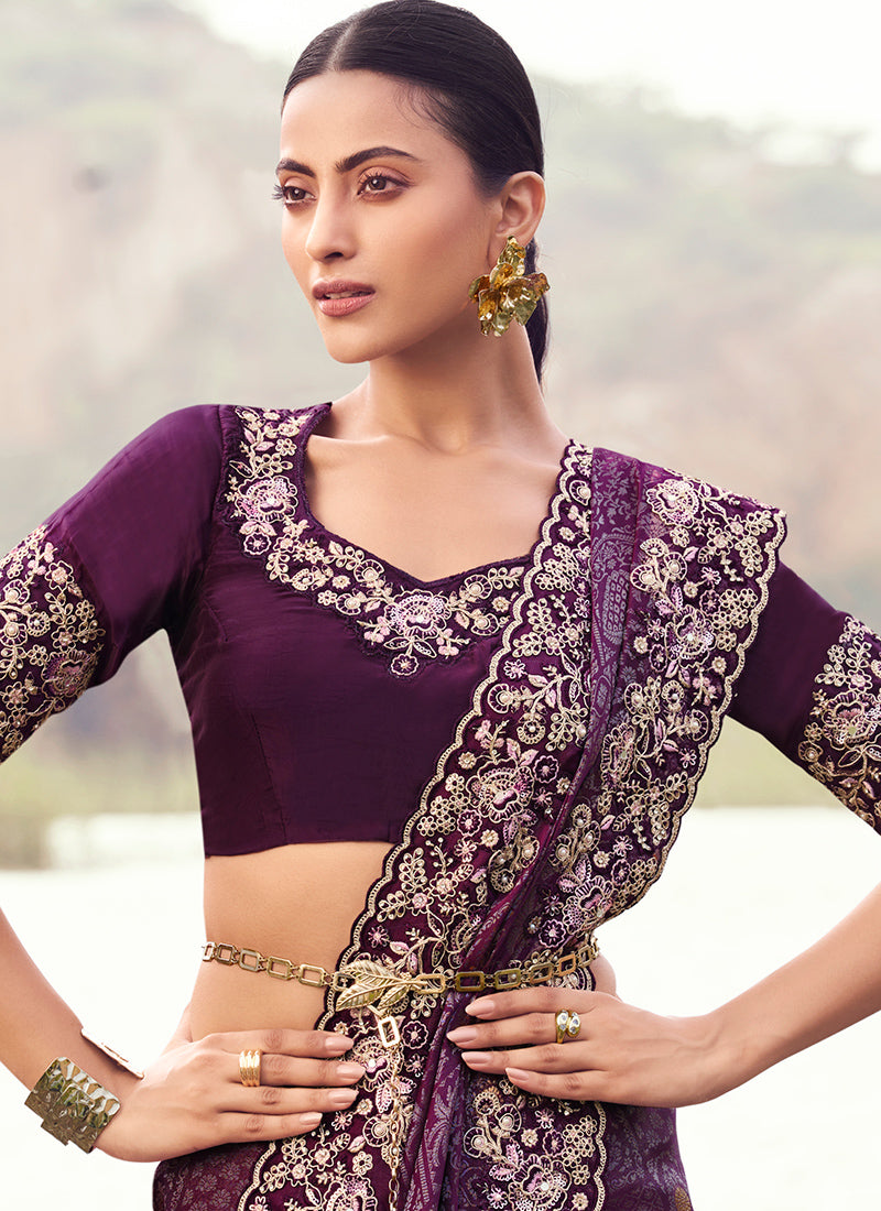 Silk Magenta Wedding Wear Embroidery Work Saree 386798