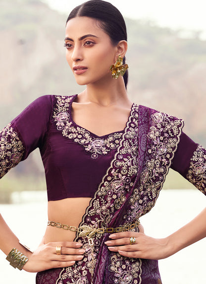 Silk Magenta Wedding Wear Embroidery Work Saree 386798