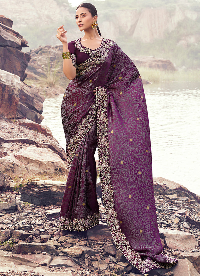 Silk Magenta Wedding Wear Embroidery Work Saree 386798