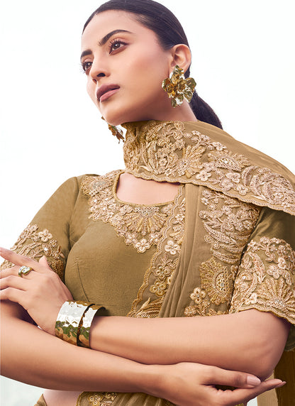 Silk Light Brown Wedding Wear Embroidery Work Saree 386799