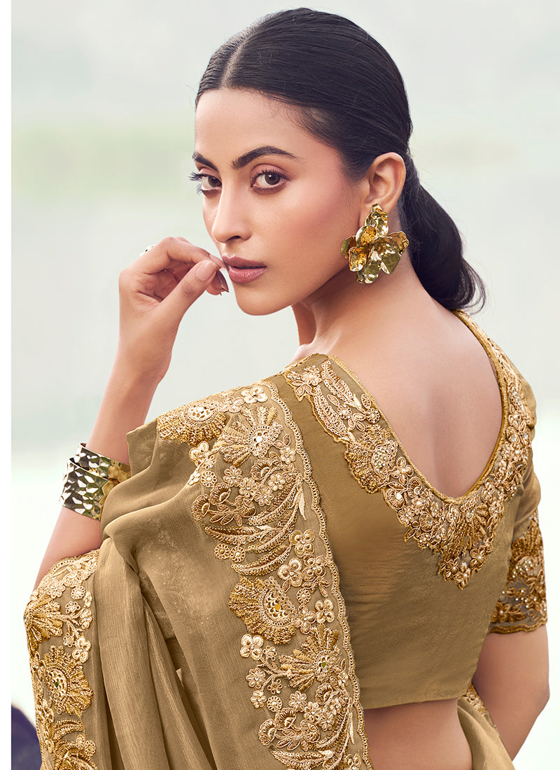 Silk Light Brown Wedding Wear Embroidery Work Saree 386799