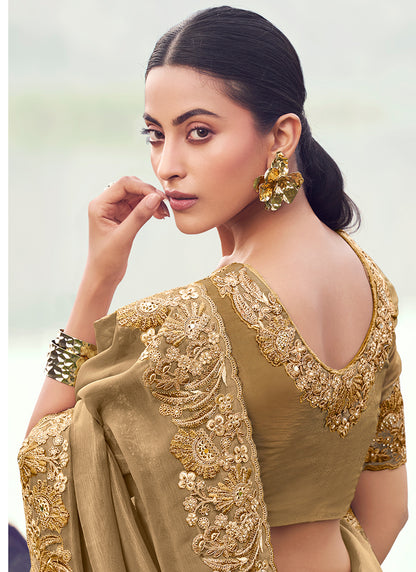 Silk Light Brown Wedding Wear Embroidery Work Saree 386799