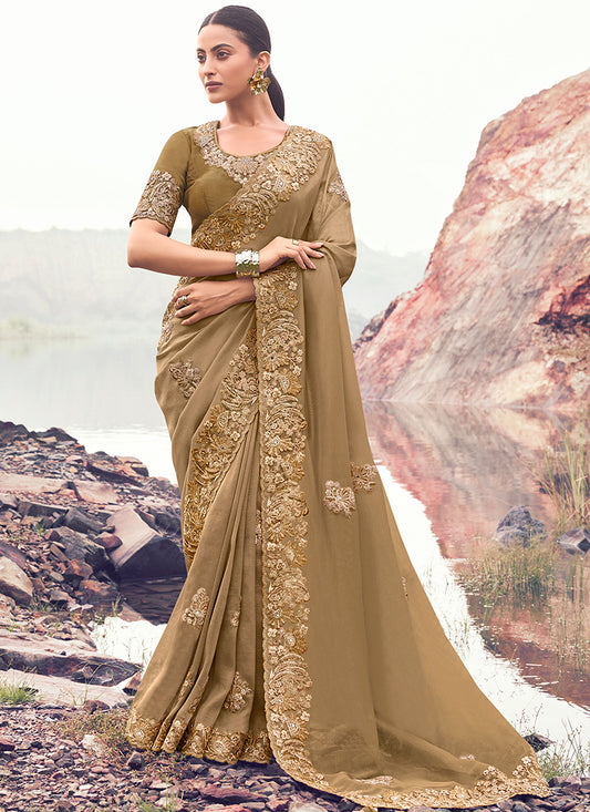 Silk Light Brown Wedding Wear Embroidery Work Saree 386799