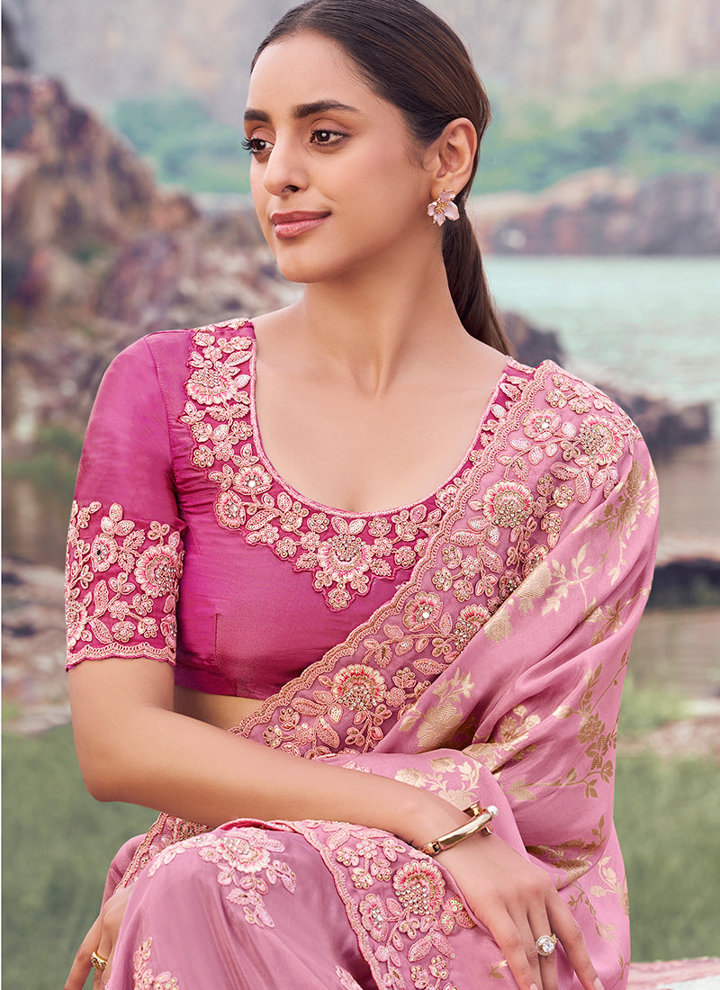 Silk Onion Wedding Wear Embroidery Work Saree 386800