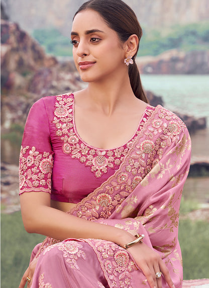 Silk Onion Wedding Wear Embroidery Work Saree 386800