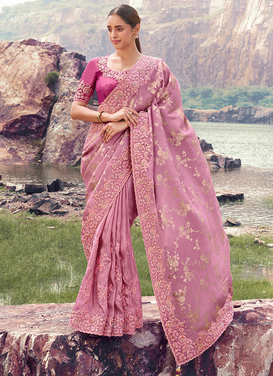 Silk Onion Wedding Wear Embroidery Work Saree 386800