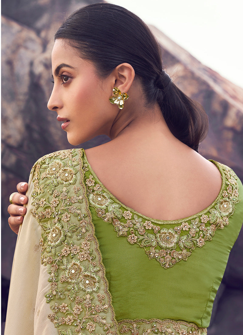 Silk Pista Green Wedding Wear Embroidery Work Saree 386801