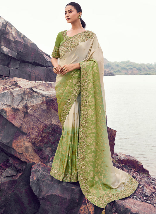 Silk Pista Green Wedding Wear Embroidery Work Saree 386801