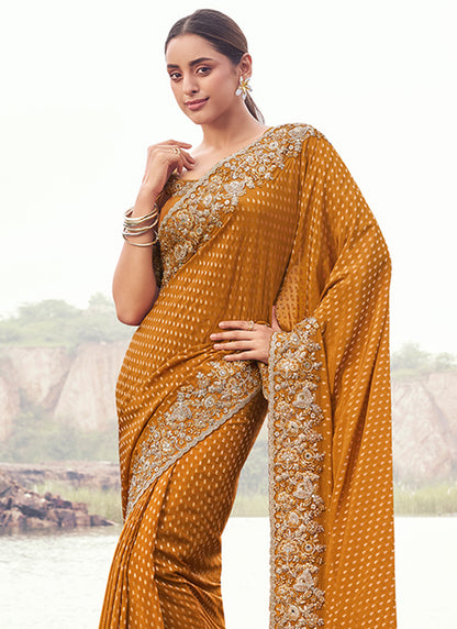 Silk Mustard Wedding Wear Embroidery Work Saree 386802