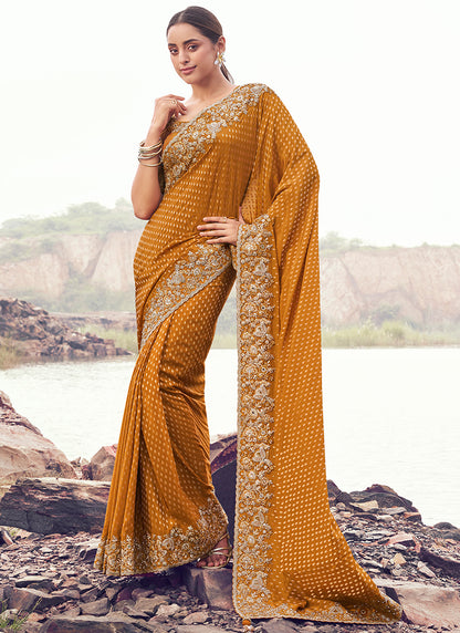 Silk Mustard Wedding Wear Embroidery Work Saree 386802