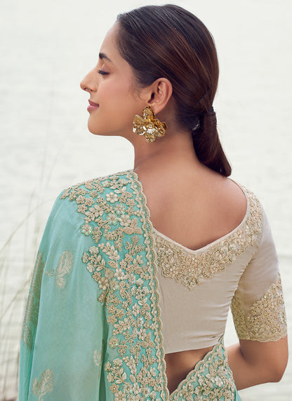 Silk Sky Blue Wedding Wear Embroidery Work Saree 386803