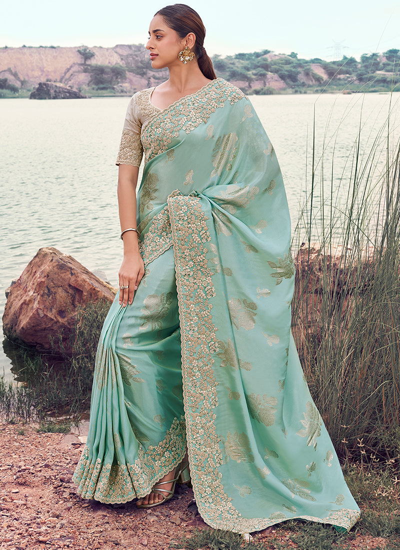 Silk Sky Blue Wedding Wear Embroidery Work Saree 386803