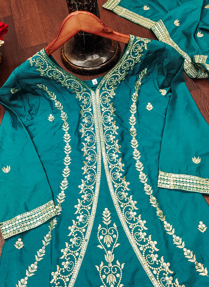 Crepe Teal Green Wedding Wear Embroidery Work Readymade Plazzo Suit 387670