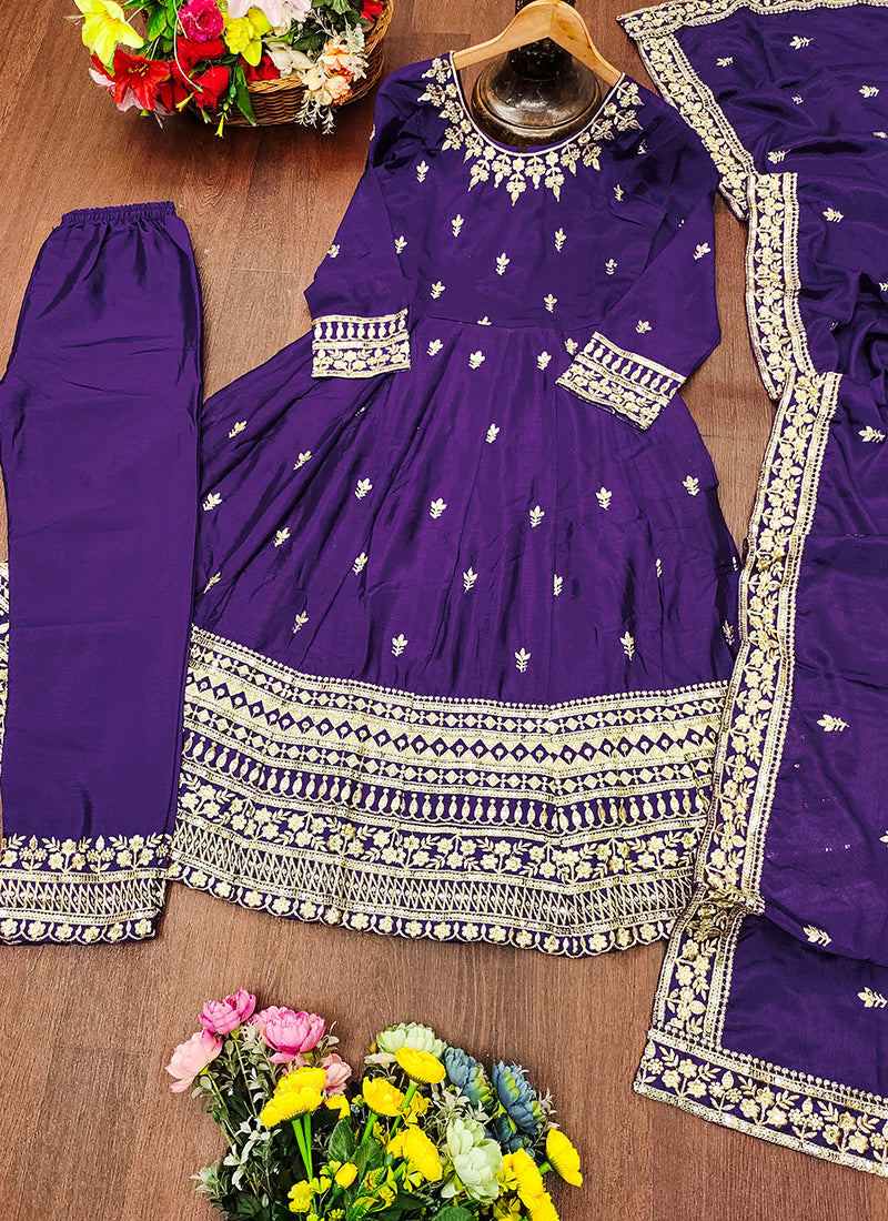 Chinon Violet Festival Wear Sequin Embroidery Work Readymade Anarkali Suit 386385