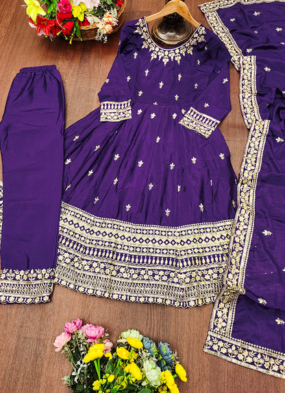 Chinon Violet Festival Wear Sequin Embroidery Work Readymade Anarkali Suit 386385
