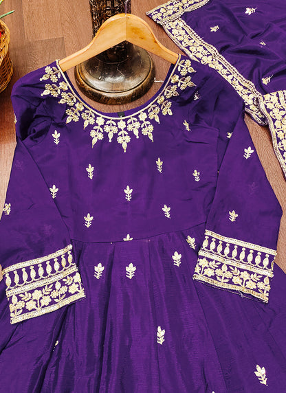 Chinon Violet Festival Wear Sequin Embroidery Work Readymade Anarkali Suit 386385