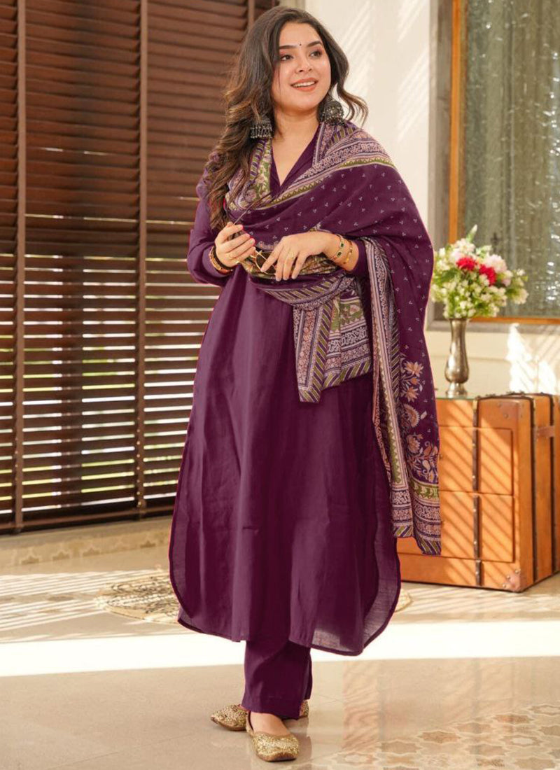 Cotton Purple Summer Wear Plain Work Readymade Plazzo Suit 387178