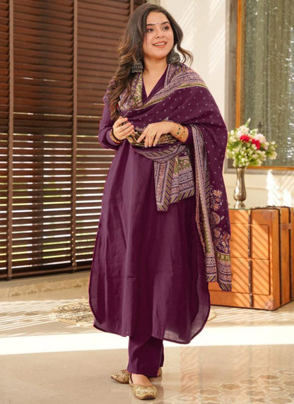 Cotton Purple Summer Wear Plain Work Readymade Plazzo Suit 387178