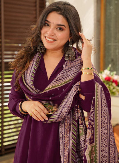 Cotton Purple Summer Wear Plain Work Readymade Plazzo Suit 387178