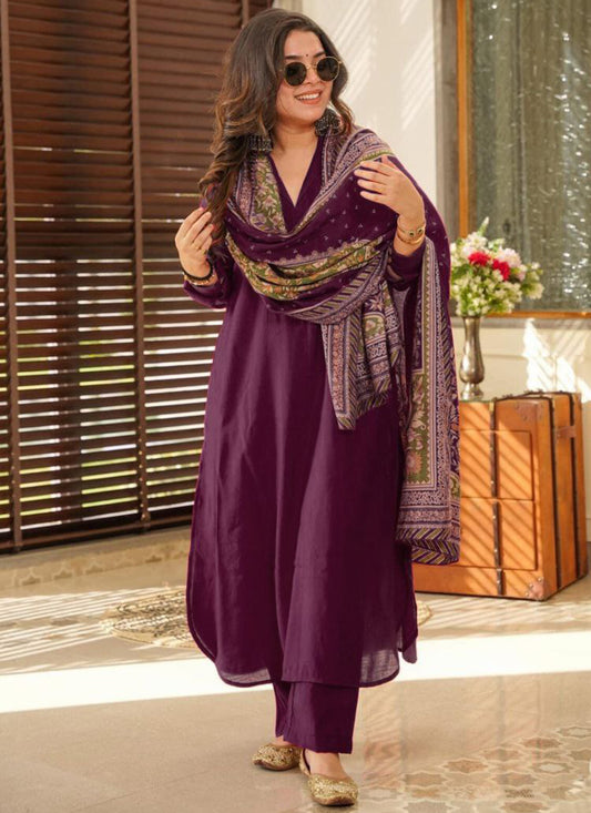 Cotton Purple Summer Wear Plain Work Readymade Plazzo Suit 387178