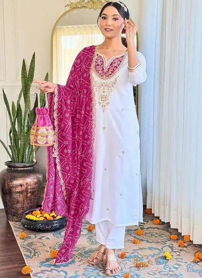Viscose White Festival Wear Sequins Work Readymade Salwar Suit 387179