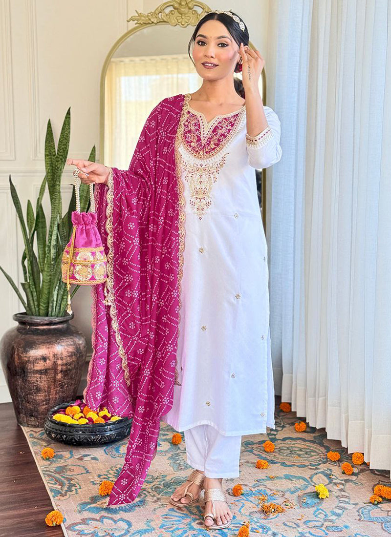 Viscose White Festival Wear Sequins Work Readymade Salwar Suit 387179