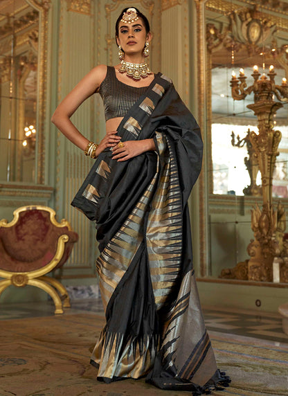 Silk Black Festival Wear Weaving Work Saree 387168