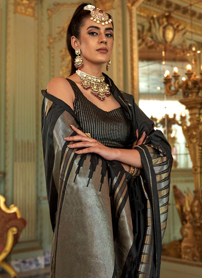 Silk Black Festival Wear Weaving Work Saree 387168