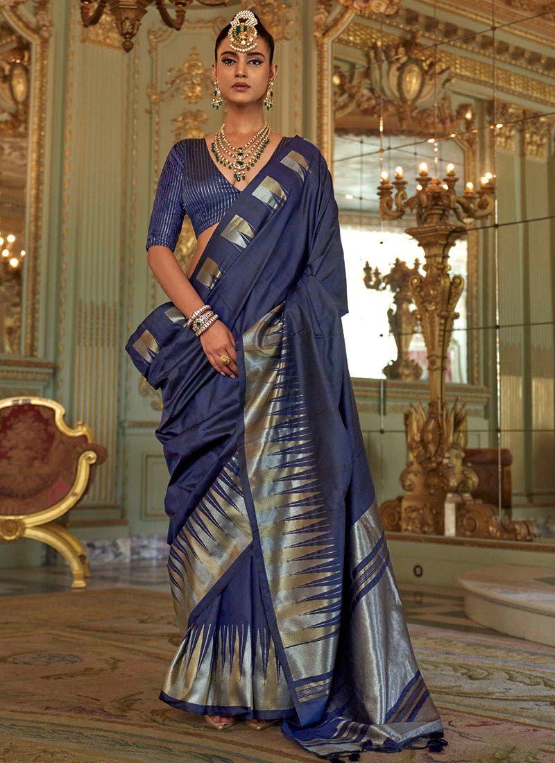 Silk Navy Blue Festival Wear Weaving Work Saree 387170
