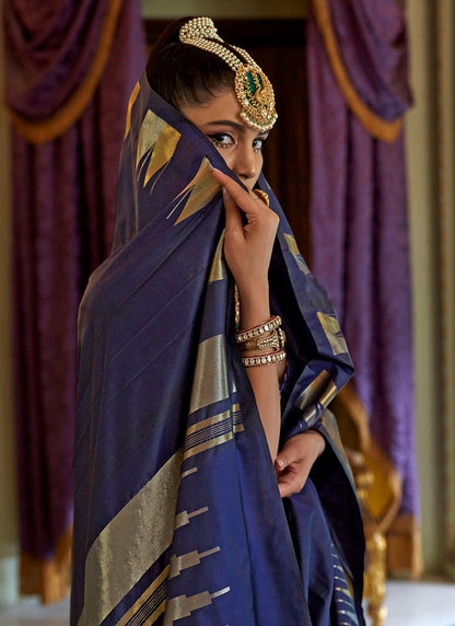 Silk Navy Blue Festival Wear Weaving Work Saree 387170