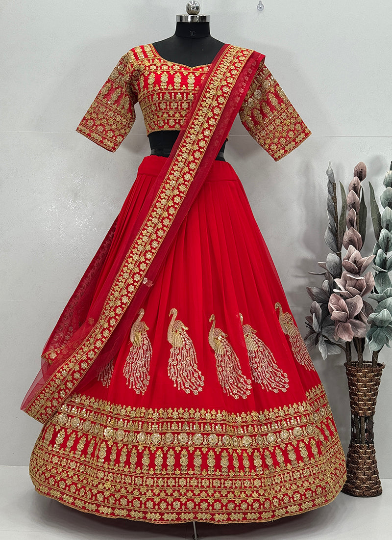 Faux Georgette Red Lehenga Choli with Zari Work for Designer Wear
